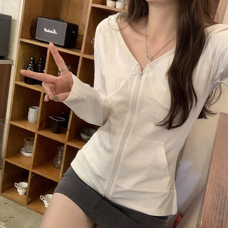 欧货现货竹节棉连帽防晒开衫T恤外套女2026春夏气质修身显瘦上衣