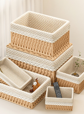 桌面收纳盒玄关钥匙收纳筐化妆品整理盒零食储物盒田园手工编织筐