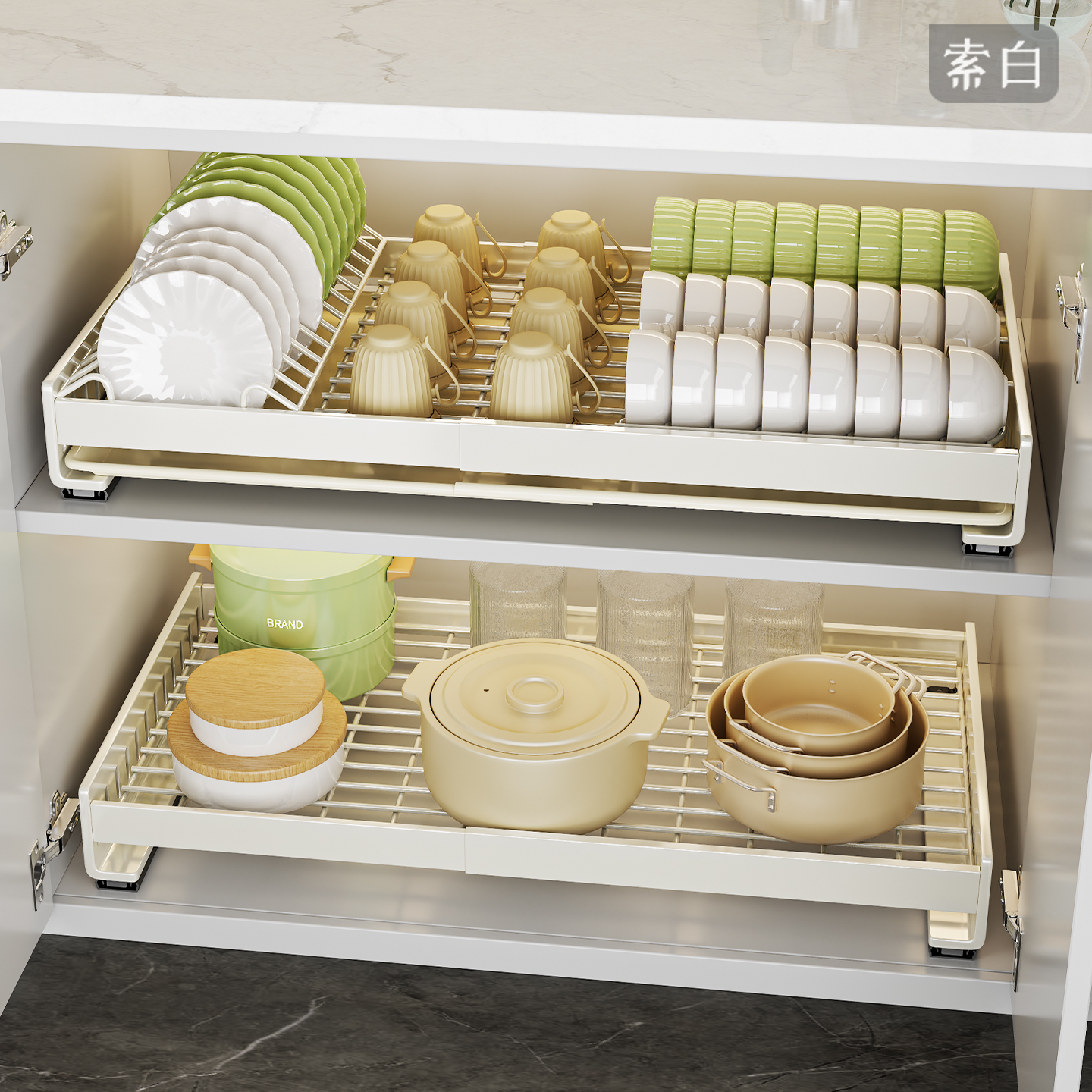 可伸缩碗碟收纳架免打孔橱柜拉篮厨房抽拉餐具置物架家用沥水碗架