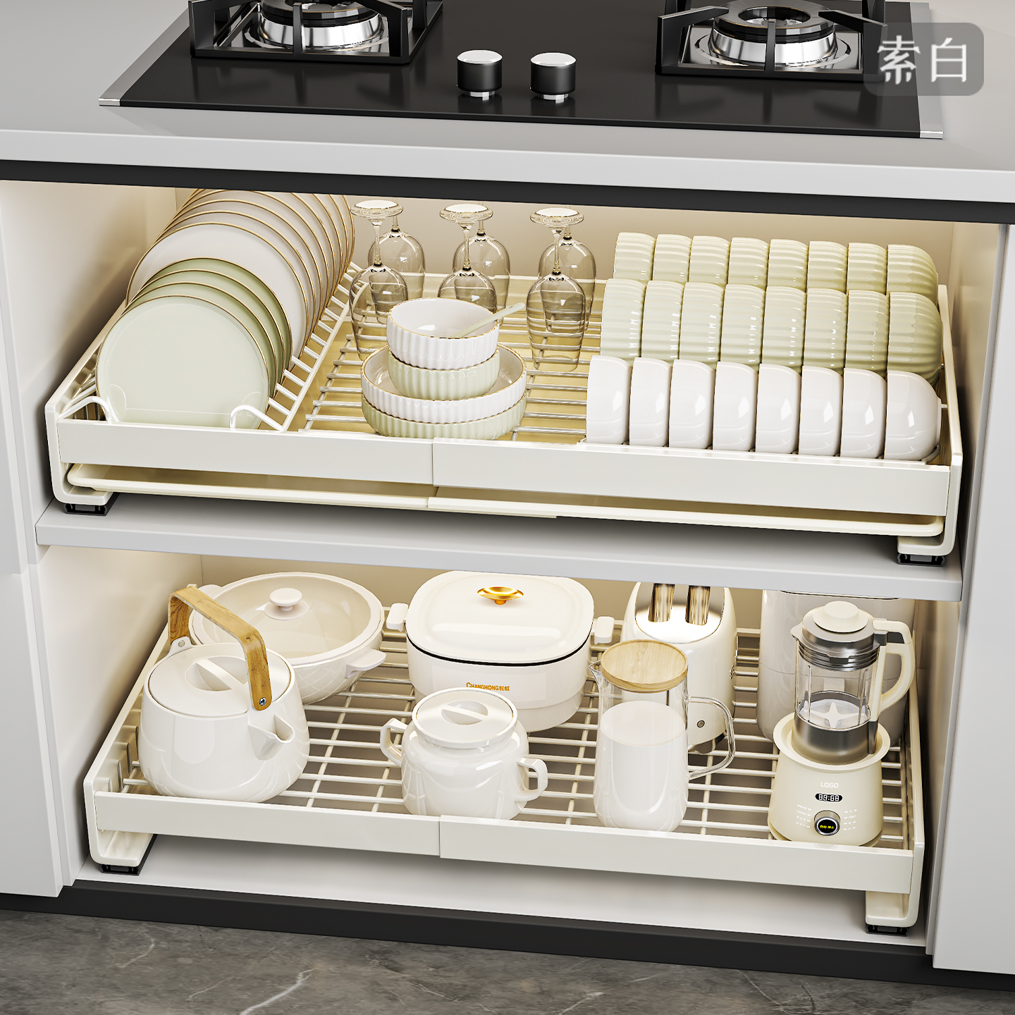 橱柜碗碟收纳架可伸缩家用抽屉式碗架免打孔沥水置物架厨房下拉篮