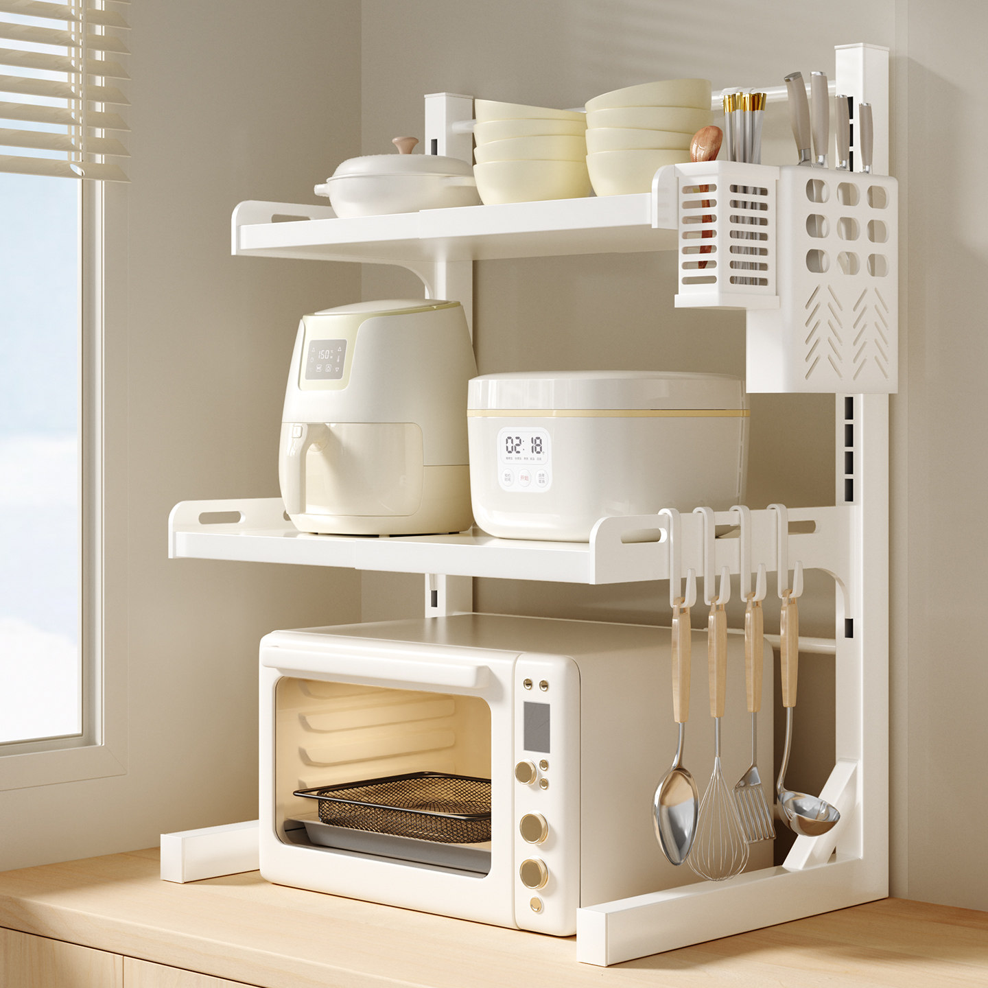 厨房微波炉置物架电饭煲烤箱台面多功能一体收纳架可伸缩分层架子,收纳整理,整理架/置物架/收纳架,淘宝优惠券,粉丝福利购,淘宝优惠卷