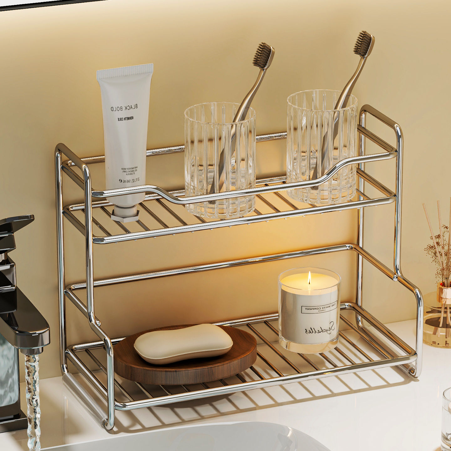 浴室不锈钢置物架卫生间双层洗漱用品护肤品收纳架镜前洗漱台架子