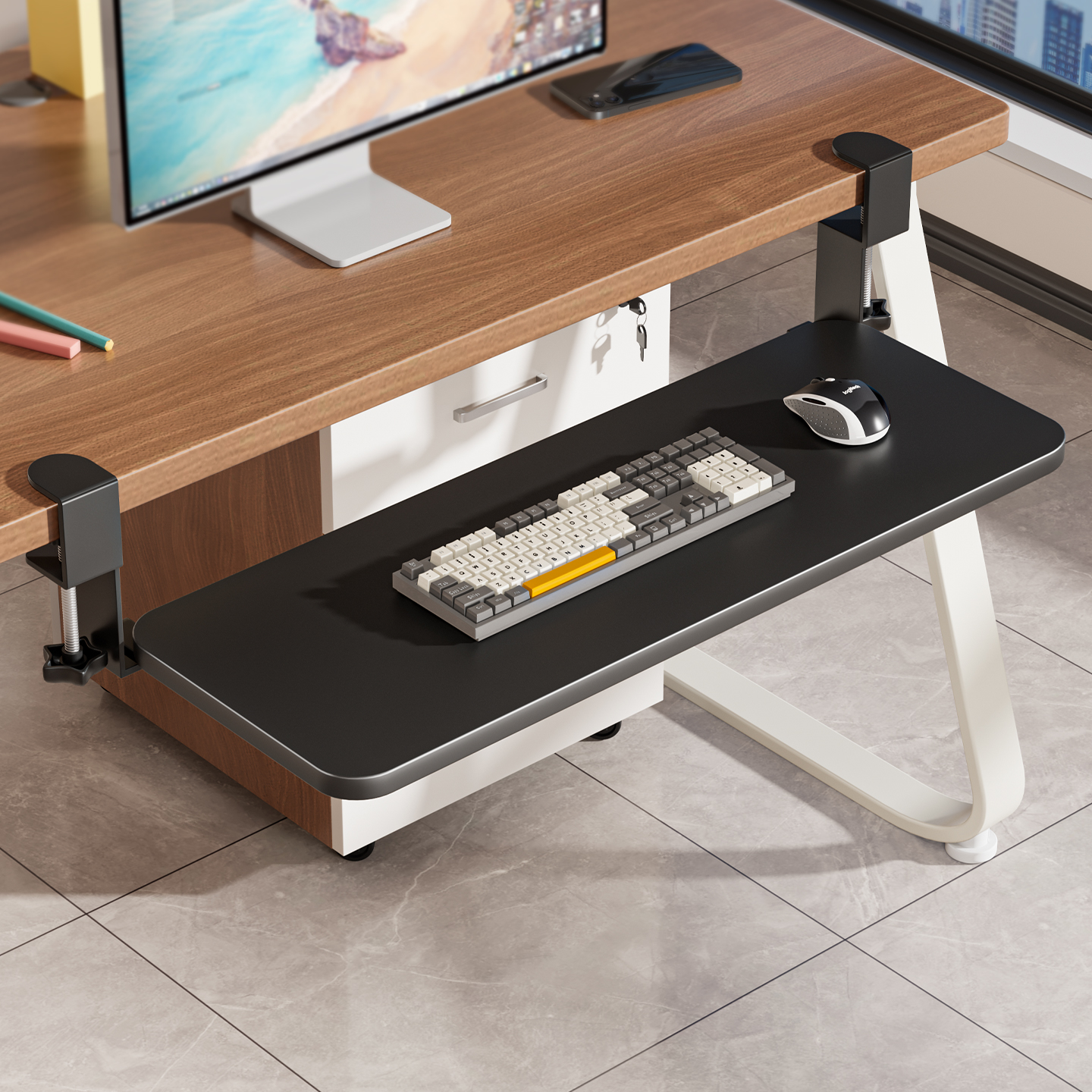 键盘托架可伸缩抽屉架托办公室工位桌面滑轨夹桌下电脑书包收纳架