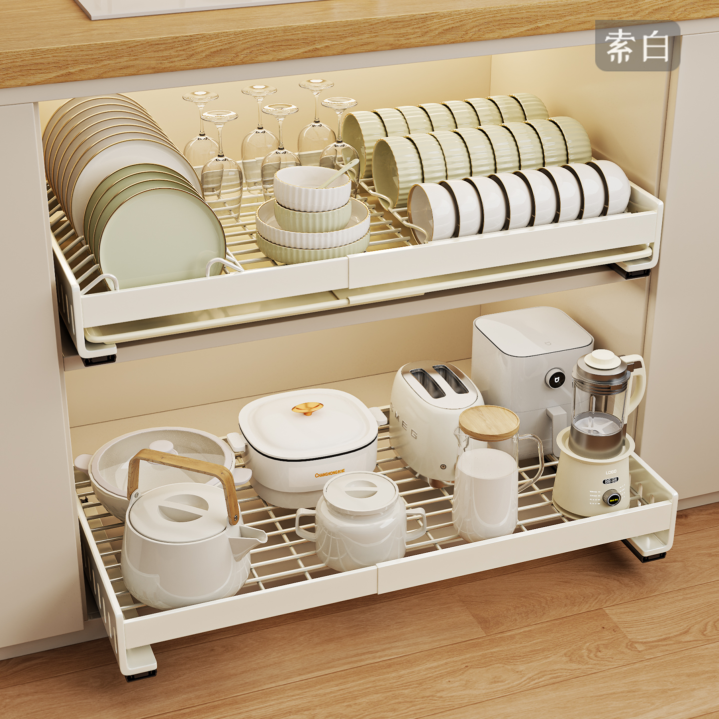 抽拉碗碟收纳架可伸缩橱柜拉篮厨房沥水碗架免打孔家用碗盘置物架