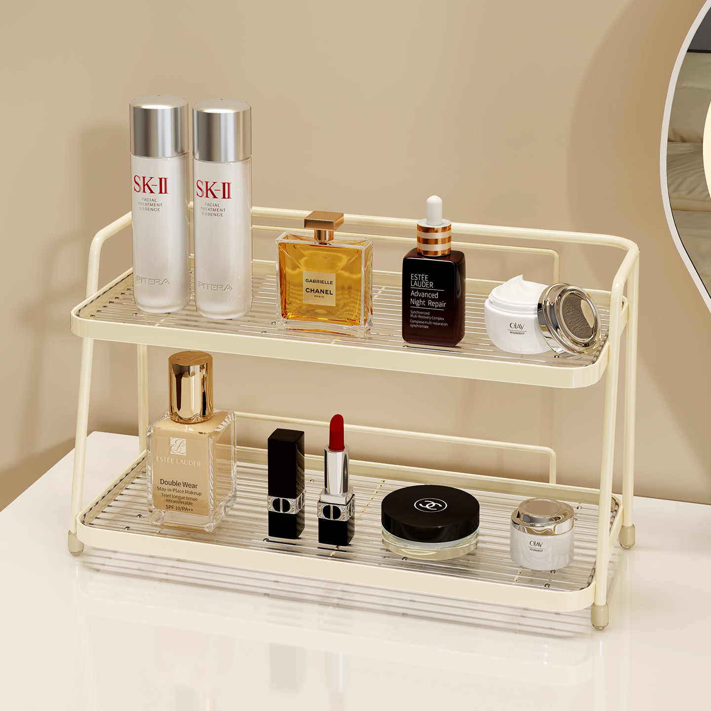 梳妆台化妆品收纳架奶油风双层美妆护肤品桌面置物架玄关香水收纳