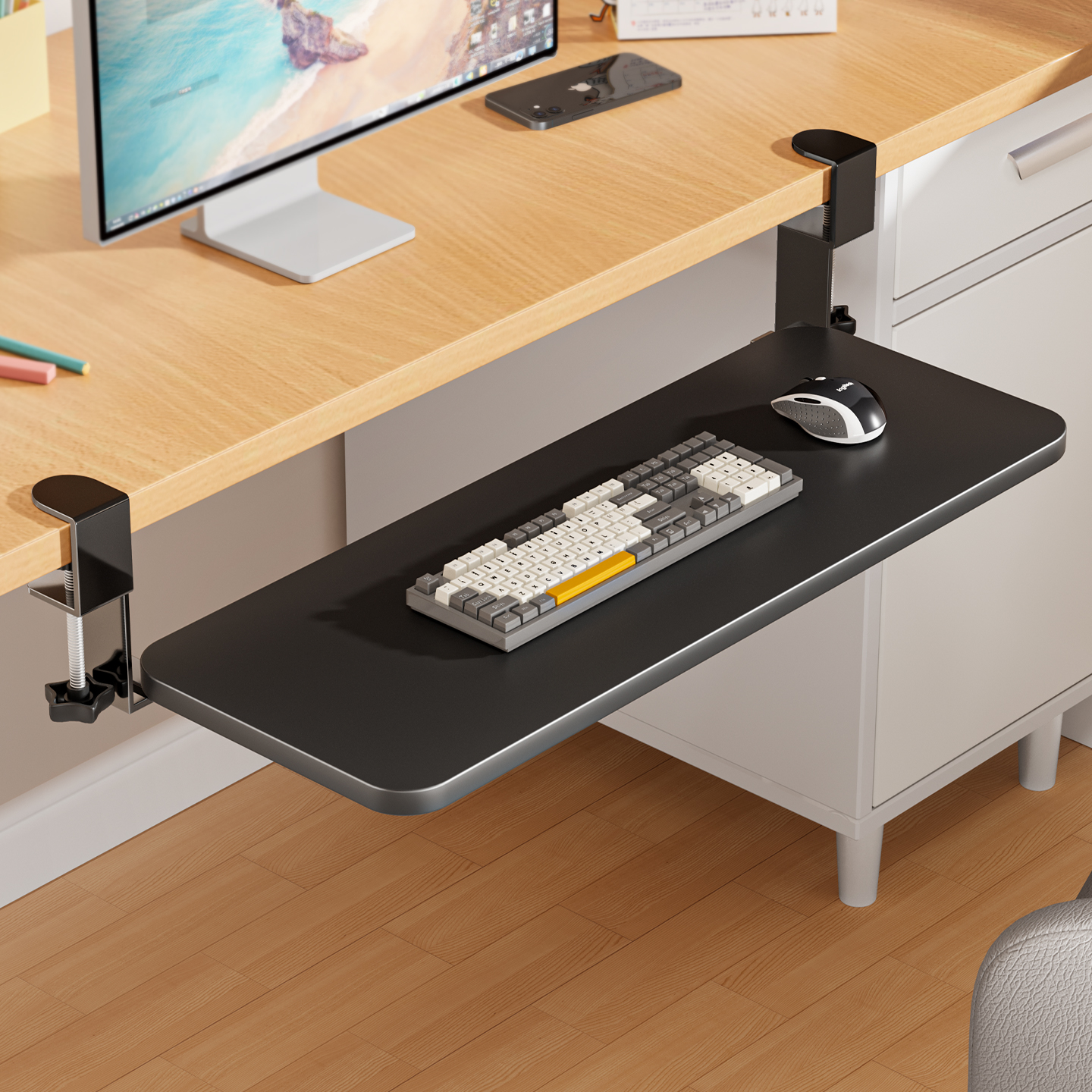 可伸缩键盘托架办公室工位桌面滑轨夹桌下电脑鼠标收纳架抽屉架子