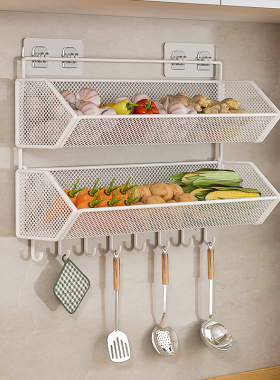 厨房墙上置物架免打孔多功能大葱姜蒜收纳筐双层悬挂架蔬菜调料架