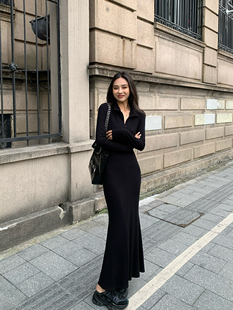 长袖 辰米范 收腰鱼尾裙修身 v领包臀连衣裙女秋季 针织裙 现货7折