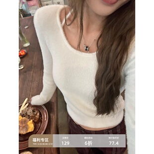 女上衣内搭短款 仿貂毛露肩针织衫 毛衣 现货6折 辰米范