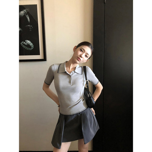 辰米范 长期主义 复古撞色polo领短袖T恤女修身气质宽松针织上衣