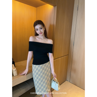 辰米范 复古格纹学院风高腰半身裙女包臀显瘦直筒过膝裙 文艺学姐