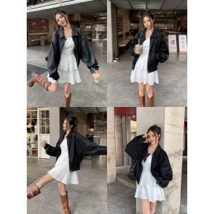 宽松pu皮夹克上衣复古长袖 秋季 机车服 黑色皮衣外套女短款 辰米范