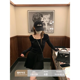 辰米范 【现货6折】一字肩长袖针织衫女秋季减龄a字短裙套装