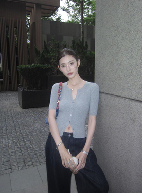 辰米范 释放多巴胺 灰色短袖针织开衫t恤女夏季圆领薄款气质上衣