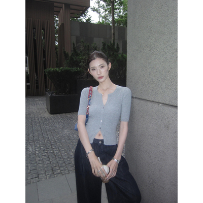 辰米范 释放多巴胺 黄色短袖针织开衫t恤女夏季圆领薄款气质上衣