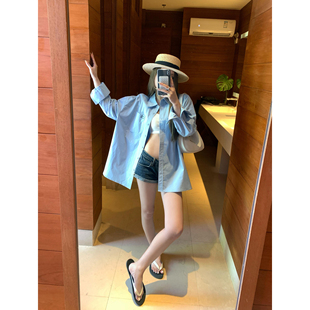 精致刺绣简约长袖 辰米范 春季 度假清晨蓝色宽松衬衫 衬衣 女开衫