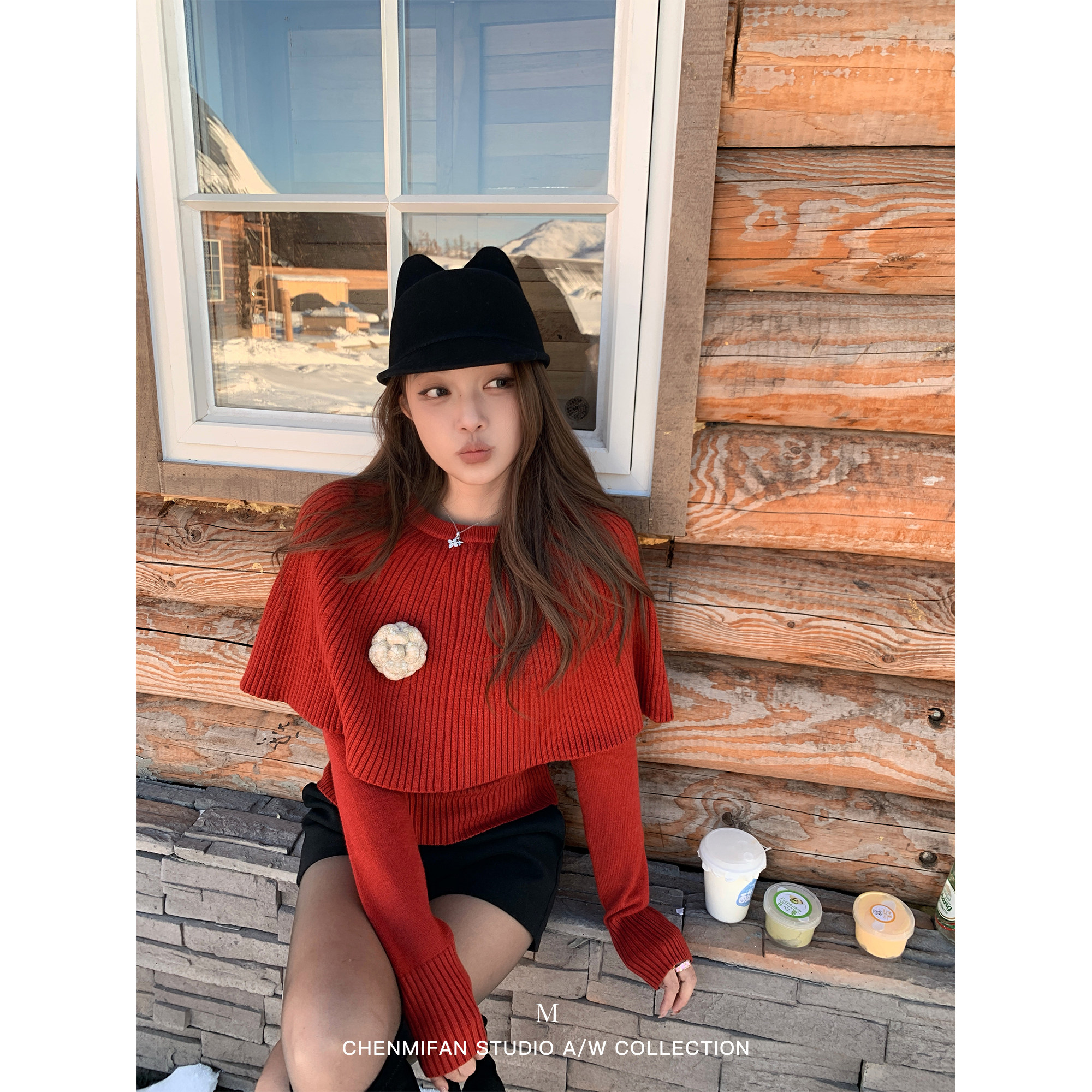 辰米范 勃兰登堡 红色假两件斗篷披肩毛衣女氛围感内搭打底针织衫