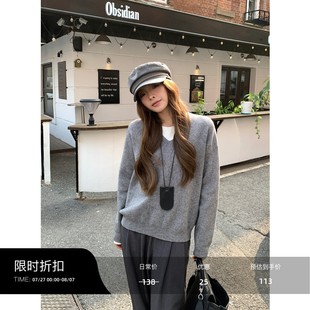 上衣 辰米范 黑色宽松套头V领毛衣女秋冬新款 慵懒风内搭长袖 打底衫