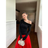 t恤女秋季 立体花边斜肩长袖 设计收腰露肩上衣 苏格兰情书 辰米范