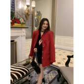 辰米范 现货7折 高级感小香风外套女夹棉粗花呢红色毛呢大衣