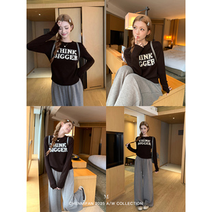 三藩记忆 长袖 美式 字母针织衫 复古撞色圆领套头毛衣女秋季 辰米范