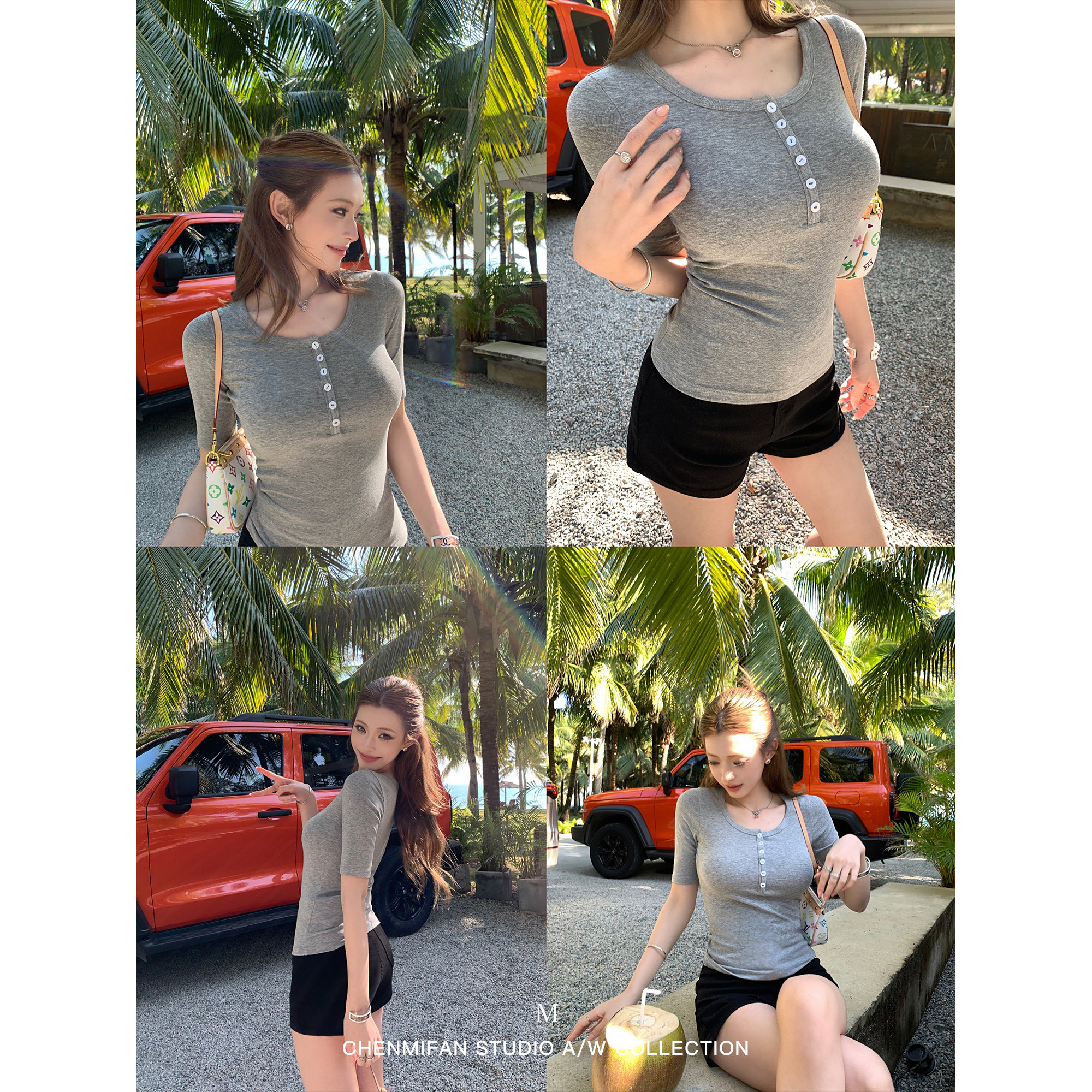 辰米范 经典沦陷 复古亨利领正肩半袖t恤女掐腰显瘦修身中袖上衣