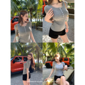 中袖 辰米范 上衣 复古亨利领正肩半袖 t恤女掐腰显瘦修身 经典 沦陷