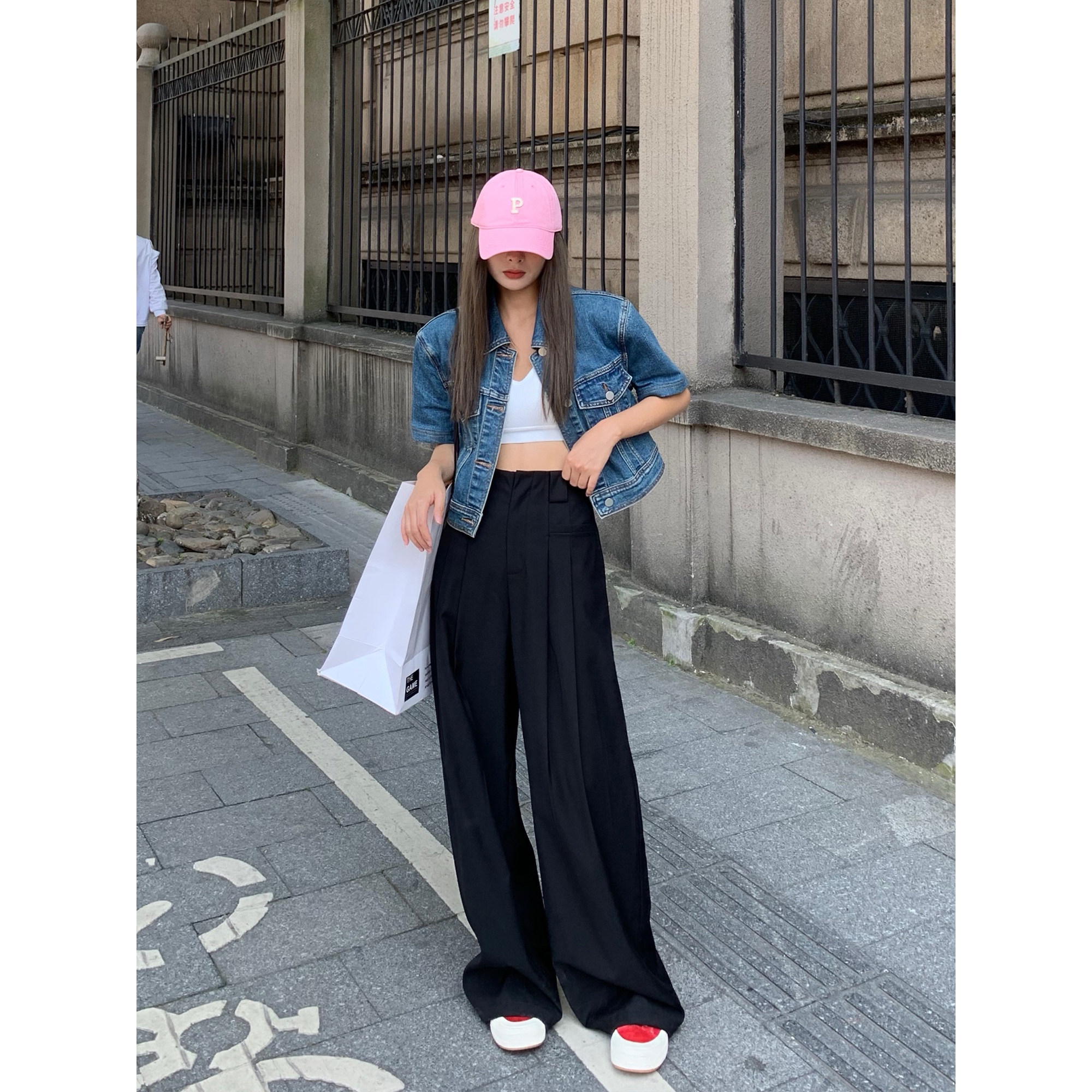 辰米范 白色高腰阔腿西装裤女2025新款宽松休闲大长腿拖地直筒裤