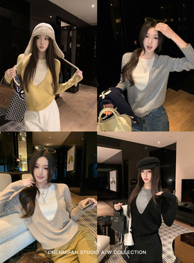 辰米范 冬日老钱 1OO羊毛假两件针织衫女撞色大U领宽松气质毛衣