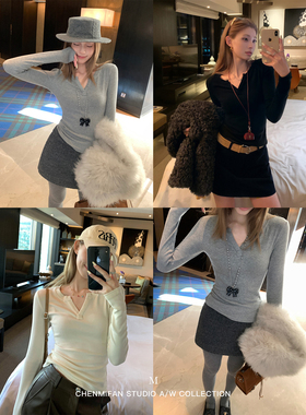 辰米范 柏朗早刊 黑色v领打底针织衫女长袖T恤修身显瘦内搭上衣