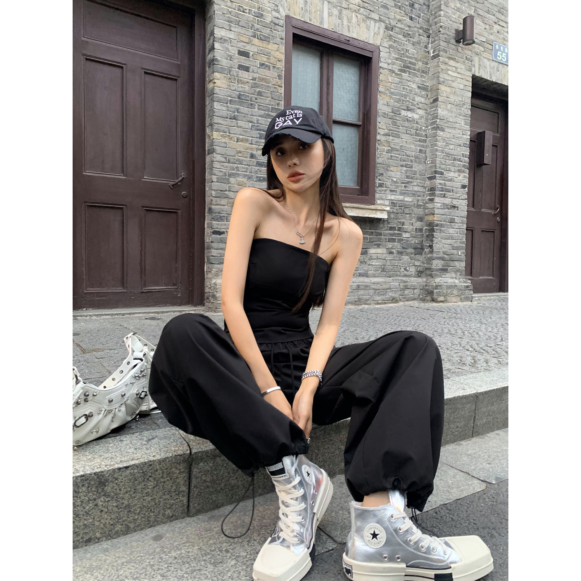 辰米范【现货5折】抹胸吊带背心女两件套高腰直筒阔腿工装裤套装,女装/女士精品,时尚套装,淘宝优惠券,粉丝福利购,淘宝优惠卷