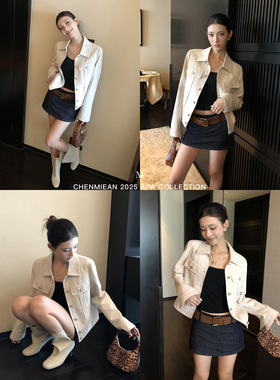 辰米范 老钱vibe 复古修身正肩翻领外套女休闲小个子短款夹克上衣