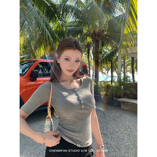 经典 中袖 沦陷 t恤女掐腰显瘦修身 上衣 复古亨利领正肩半袖 辰米范