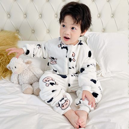 婴儿连体睡衣秋冬季法兰绒家居服宝宝加绒加厚珊瑚绒爬服儿童睡袋