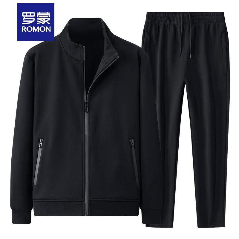 罗蒙男士休闲运动套装秋冬季中年立领开衫外套运动服两件套爸爸装