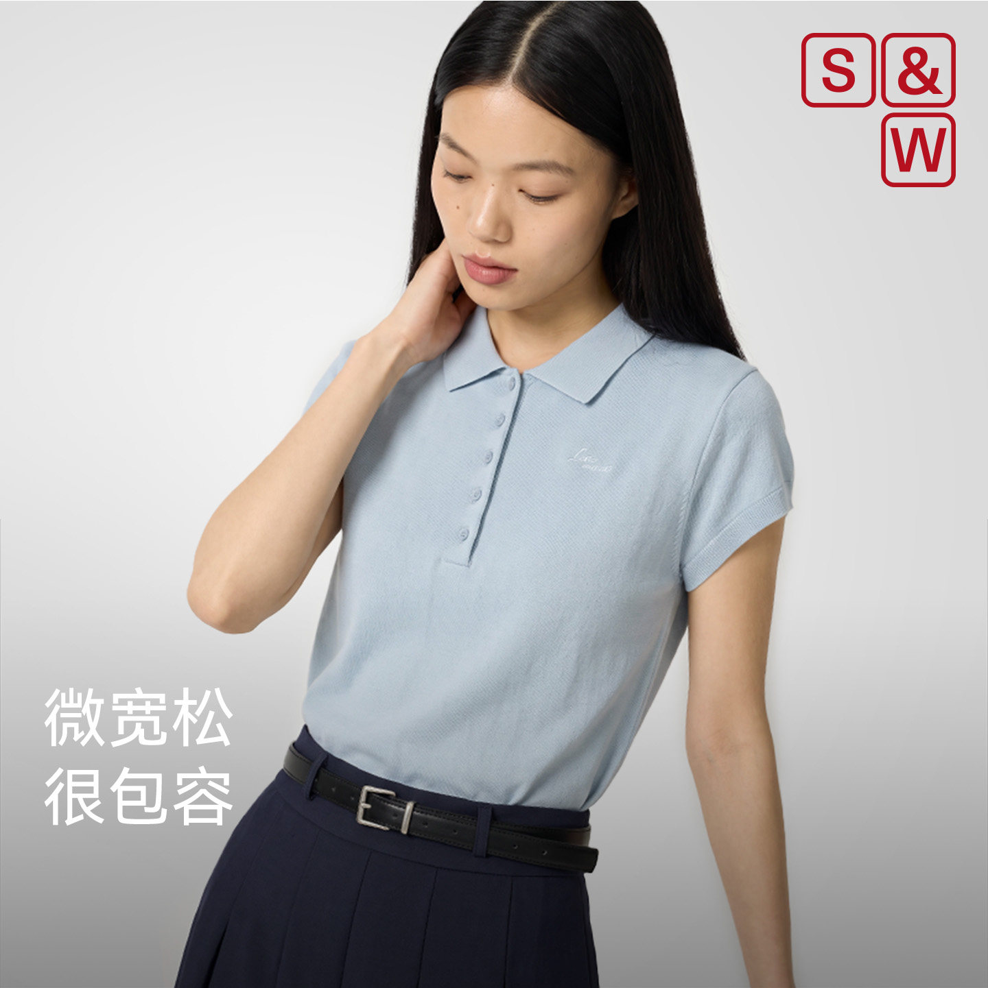 SW正肩短袖女夏短款天丝刺绣POLO衫休闲翻领纯色显瘦上衣2026新款