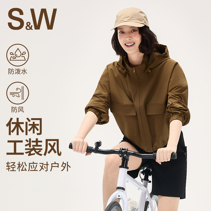 SW连帽运动休闲外套女复古防水户外运动上衣夹克健身服防风登山服