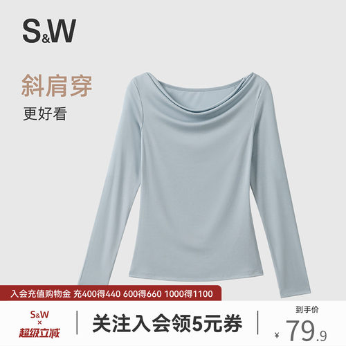 斜肩露肩t恤上衣女松慵懒感长袖