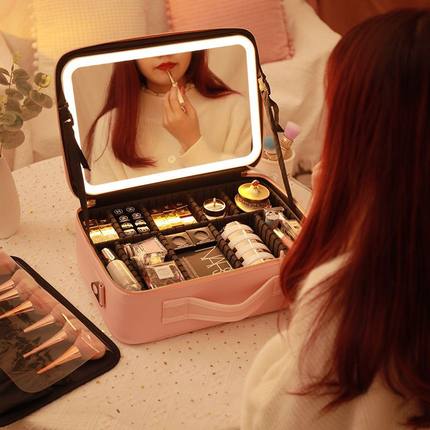 化妆包带镜子带LED灯大容量化妆品护肤品收纳包手提便携收纳箱包