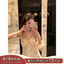 馨帮帮 甜美碎花冰丝吊带睡衣女夏季性感蕾丝边带胸垫睡裙家居服