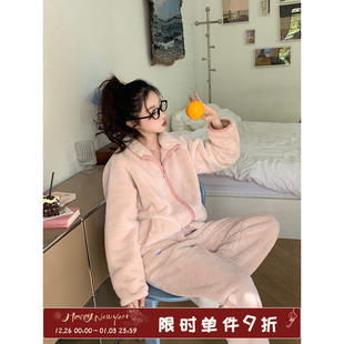 长裤 馨帮帮Homedress 长袖 女冬季 家居服 甜美粉色立领毛绒睡衣套装