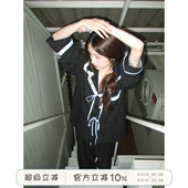 春季 女款 蝴蝶结宽松家居服 撞色拼接格纹睡衣套装 馨帮帮Homedress