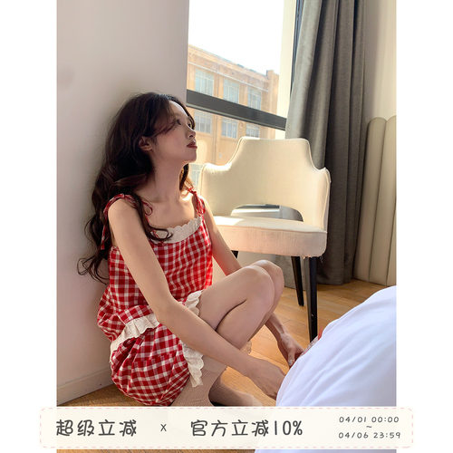 馨帮帮Homedress蕾丝边格子睡衣