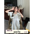 馨帮帮 竖条纹肌理碎花睡裙女系带宽松蕾丝领亲肤睡衣 夏季 中长款