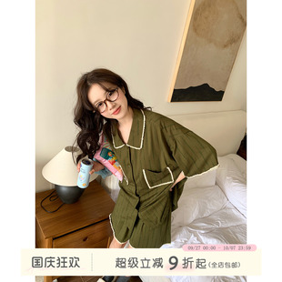 短褲 馨幫幫Homedress 家居服 短袖 綠色條紋睡衣女寬松開衫 夏季 新款