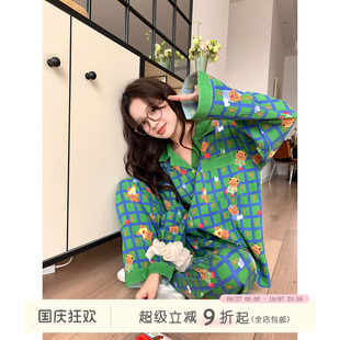 家居服套裝 格子卡通小熊睡衣女2025春秋寬松開衫 馨幫幫Homedress