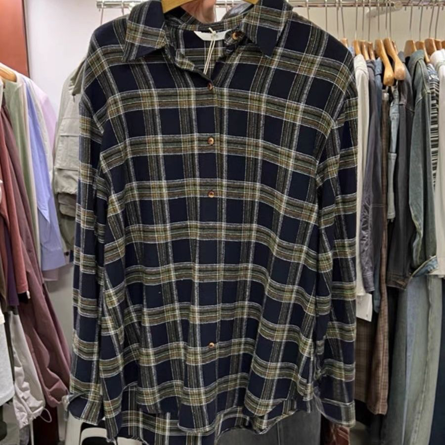 美式复古格子防晒衬衫女外套2023新款夏宽松长袖衬衣外穿上衣情侣