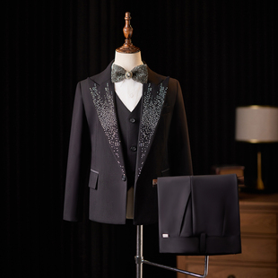 儿童西装套装主持西装演出服钢琴年会西服生日礼服男童重工镶钻冬