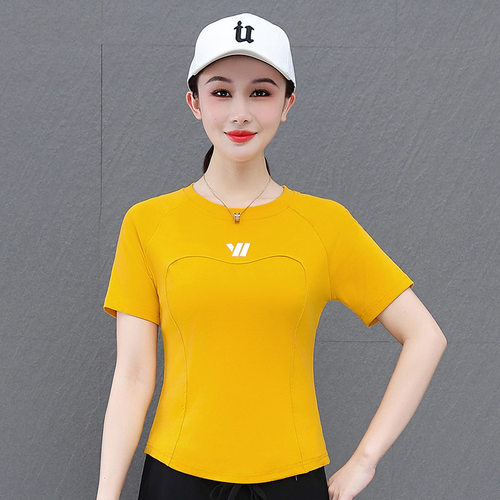 广场舞服装新款刺绣运动休闲圆领棉T恤健身跳操显瘦修身短袖上衣