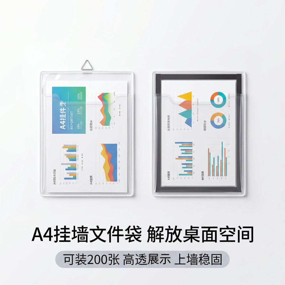 A4挂式白色文件袋办公室大容量透明资料盒壁挂式文件盒办公车间磁性资料厚式收纳架画画展示袋展示架